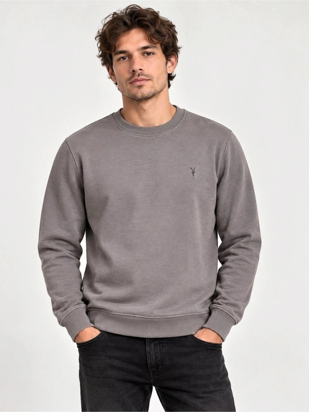 AllSaints Raven Crewneck Ramskull Sweatshirt Gray Organic Cotton Men’s Small